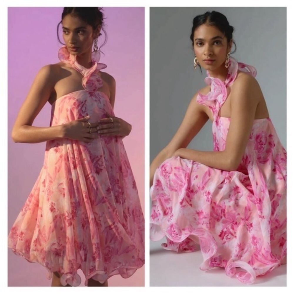 Anthropologie Mandira Wirk Dress Halter Swing Mini in Pink Floral